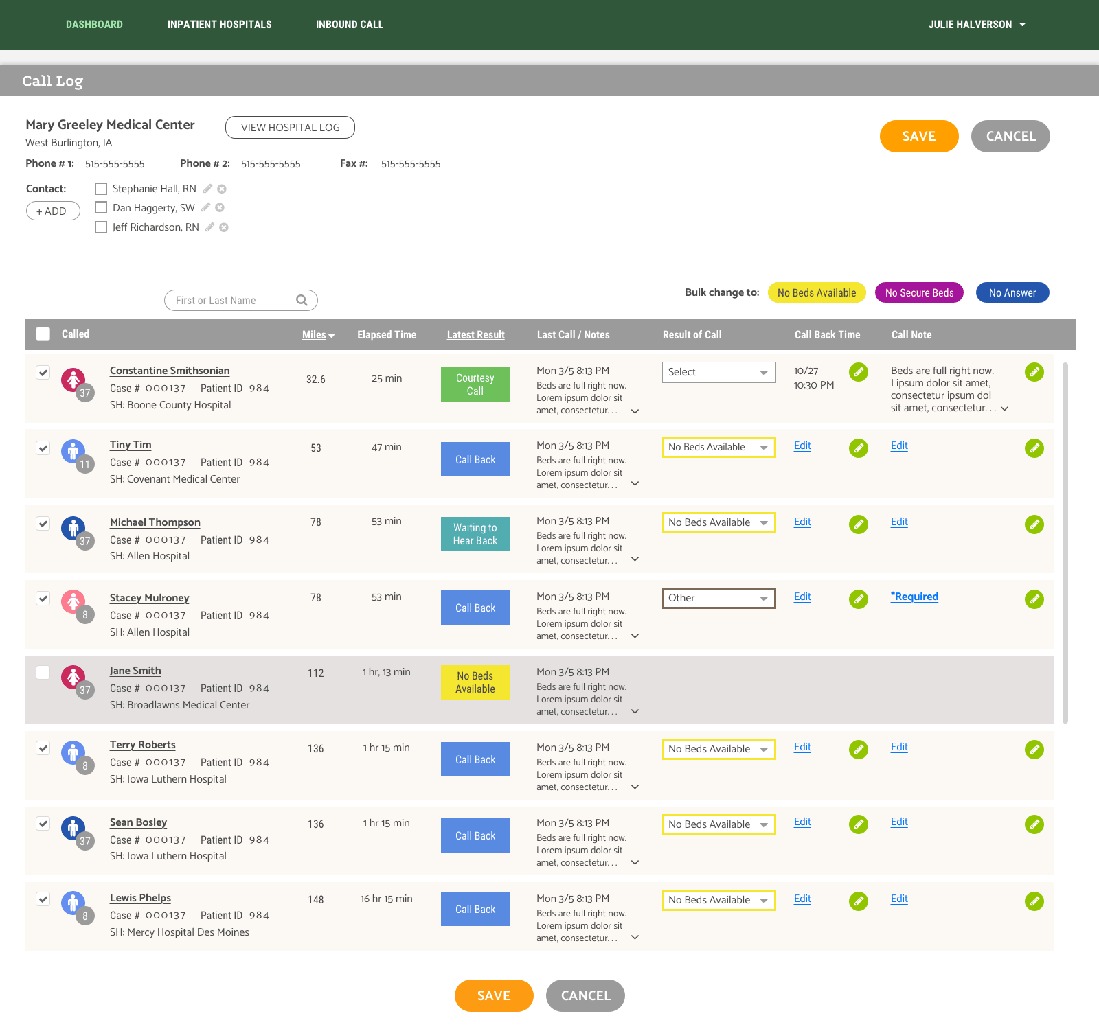 Medical Company's Call Center Log Page