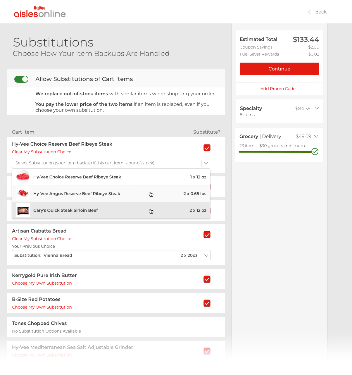 Aisles Online Substitutions Page Concept